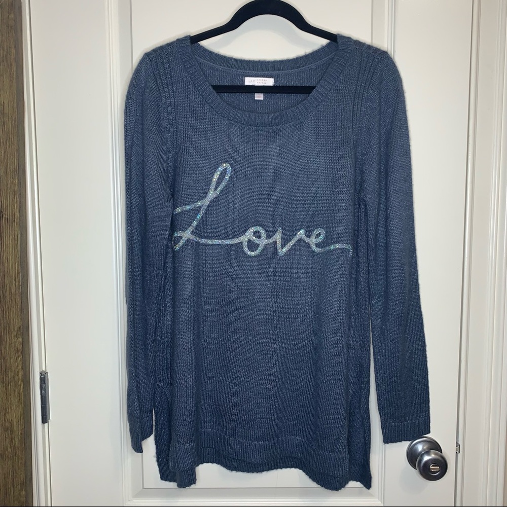 Lauren Conrad LC “Love” Bedazzled Muted Blue Sweater SZ Large NWOT